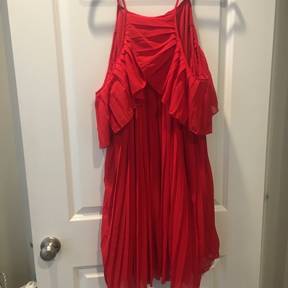 BooHoo Red dress cold shoulder pleated dress